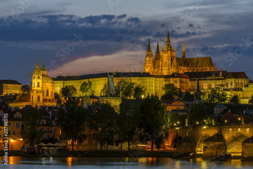 Panoramic View on Old Town , Prague Castle Saint Vitus Cathedra. The bridge over the Vltava River. Night scene. Prague, Czech Republic . European travel.