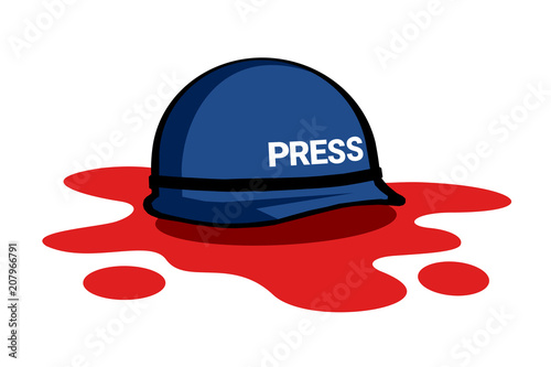 Killing and murdering of journalist and reporter. Journalism and press as dangerous profession. Metaphor of censorship and lack of freedom of expression. Vector illustration