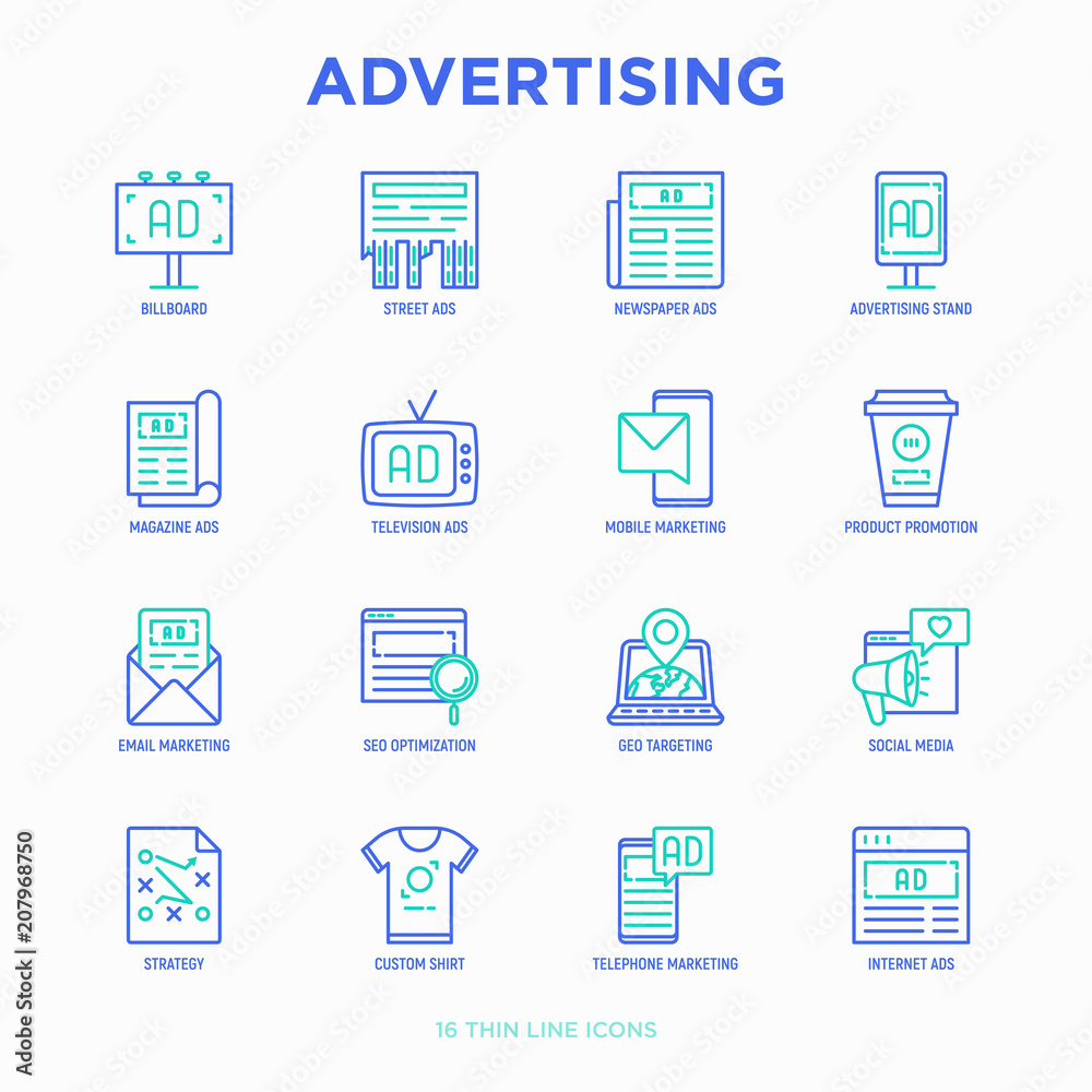 Advertising thin line icons set: billboard, street ads, newspaper, magazine, product promotion, email, GEO targeting, social media, strategy, custom shirt, internet, banner. Vector illustration.