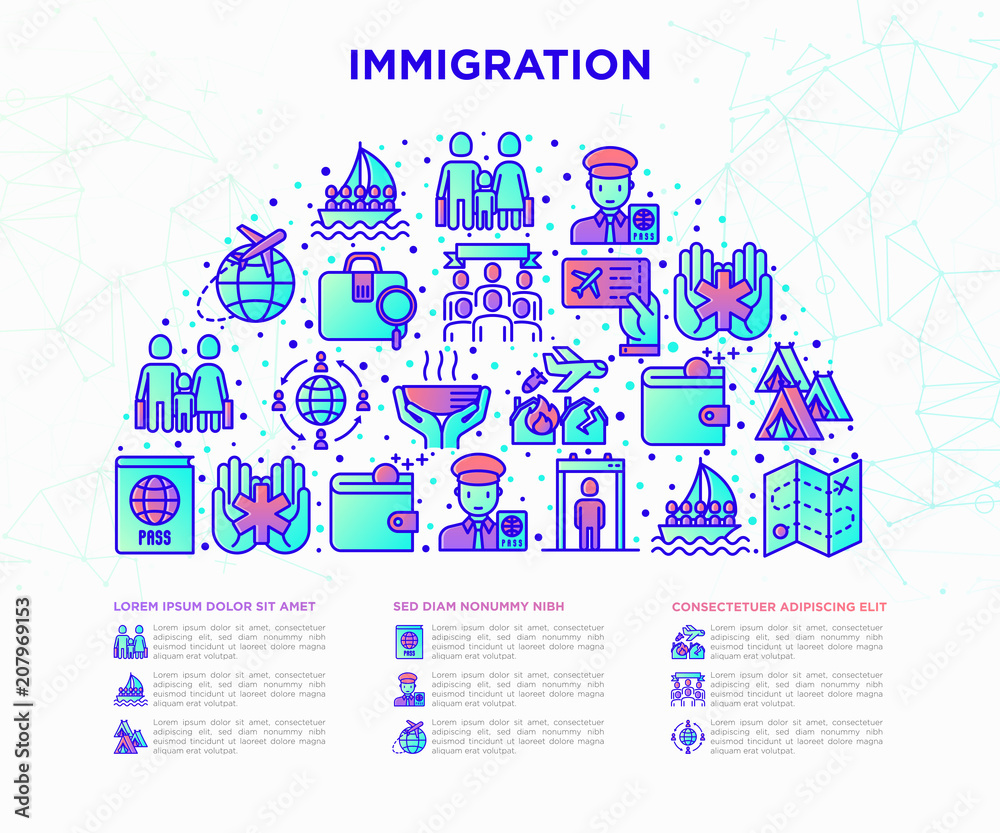Immigration concept in half circle with thin line icons: immigrants, illegals, baggage examination, international flights, customs, refugee camp, social benefit. Vector illustration, web page template