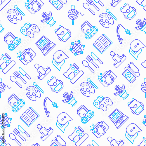 Hobby seamless pattern with thin line icons: reading, gaming, gardening, photography, cooking, sewing, fishing, hiking, yoga, music, travelling, blogging. Vector illustration, web page template.