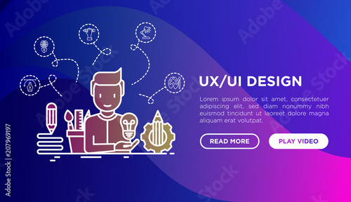 UX/UI design concept: creator generates idea, with thin line icons: start up, brief, brainstorming, puzzle, color palette, creative vision, genius. Modern vector illustration, web page template.