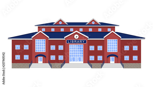 library, isolated classic red brick building with blue roof, three entrances, clock above the entrance © Ксения Головина