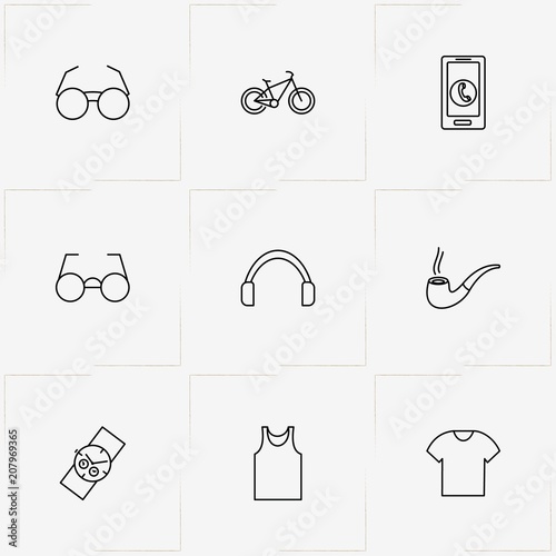 Hipster line icon set with spectacles, smoking pipe  and smart phone