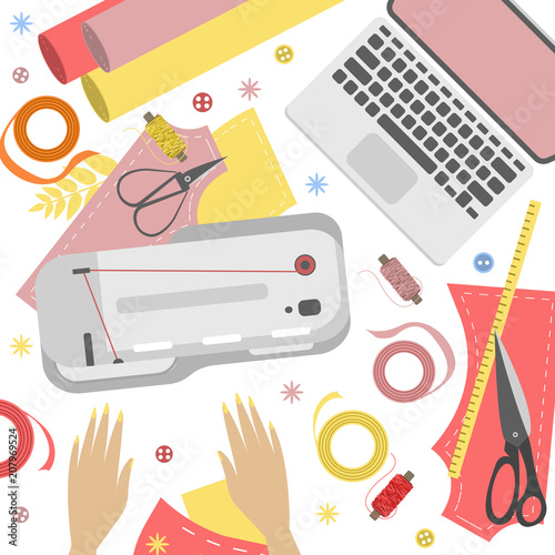 Workplace of seamstress, view from above, desktop, textile, sewing machine, scissors and arms