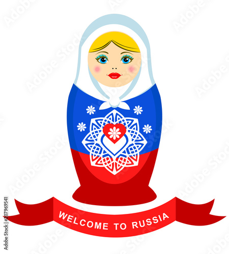Russian nesting doll with ornamental heart element. Colors of Rissian flag. Welcome to Russia.