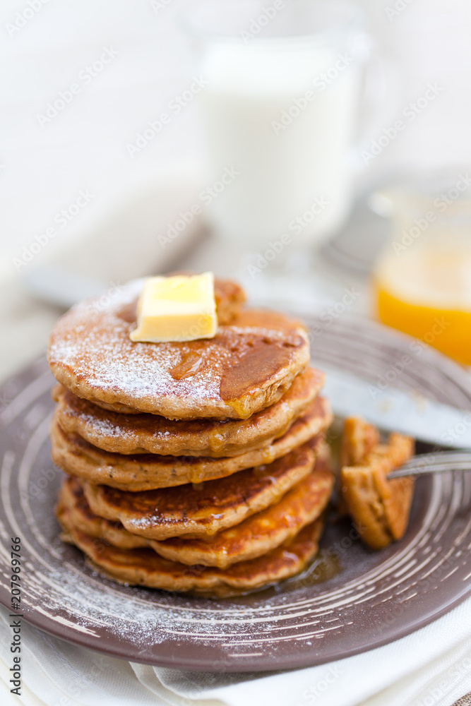 Pancakes with milk and honey for breakfast Pancakes with milk and honey for breakfast