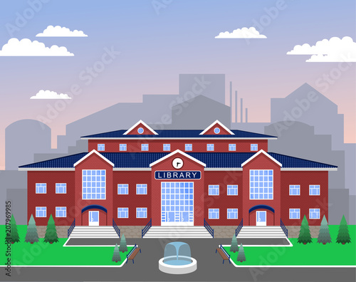 library, classic red brick building with blue roof, three entrances, clock above the entrance, lawn, fir trees,fountain, benches.On the background city and the sky