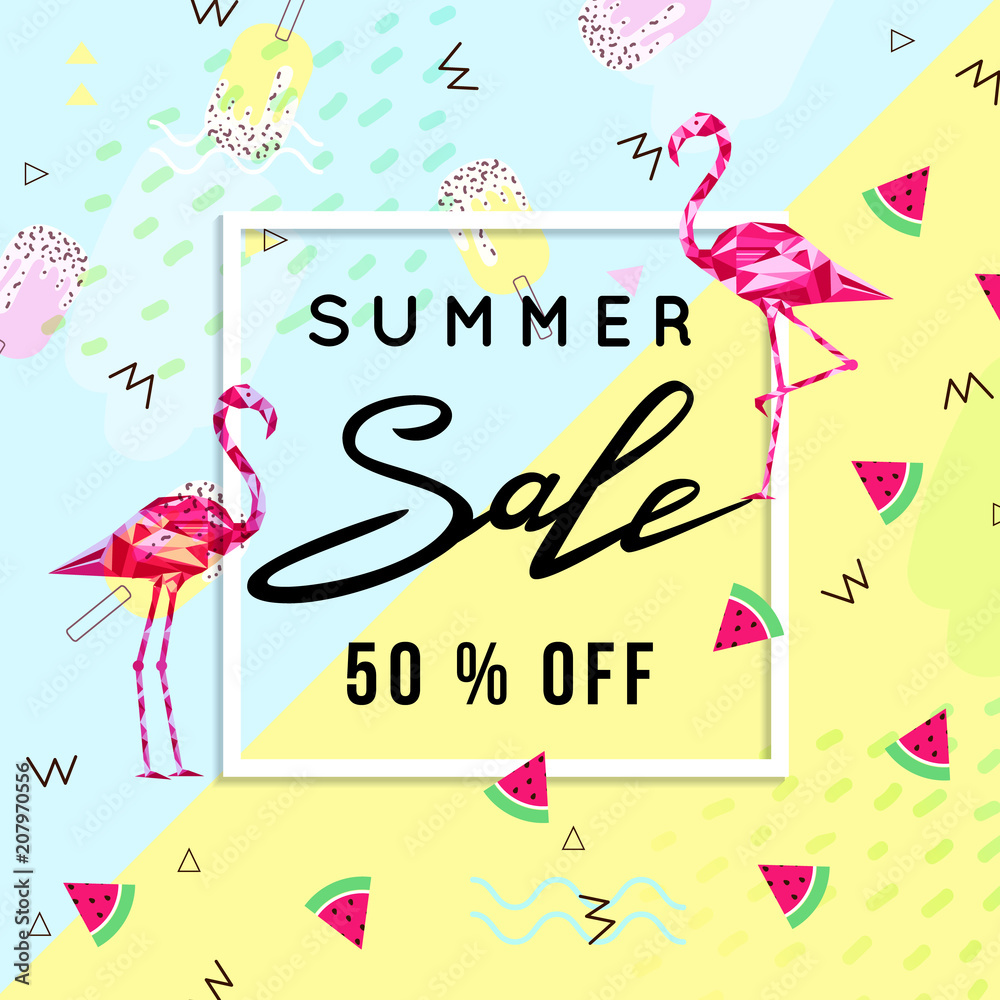 Summer Sale Banner Template Background with flamingo, summer background. Vector Illustration