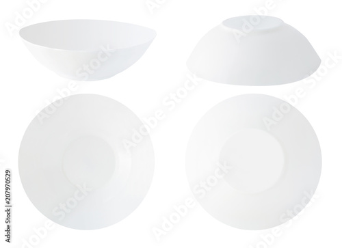 Set of different views of white empty soup plates or bowls isolated on white background. Collection of kitchenware