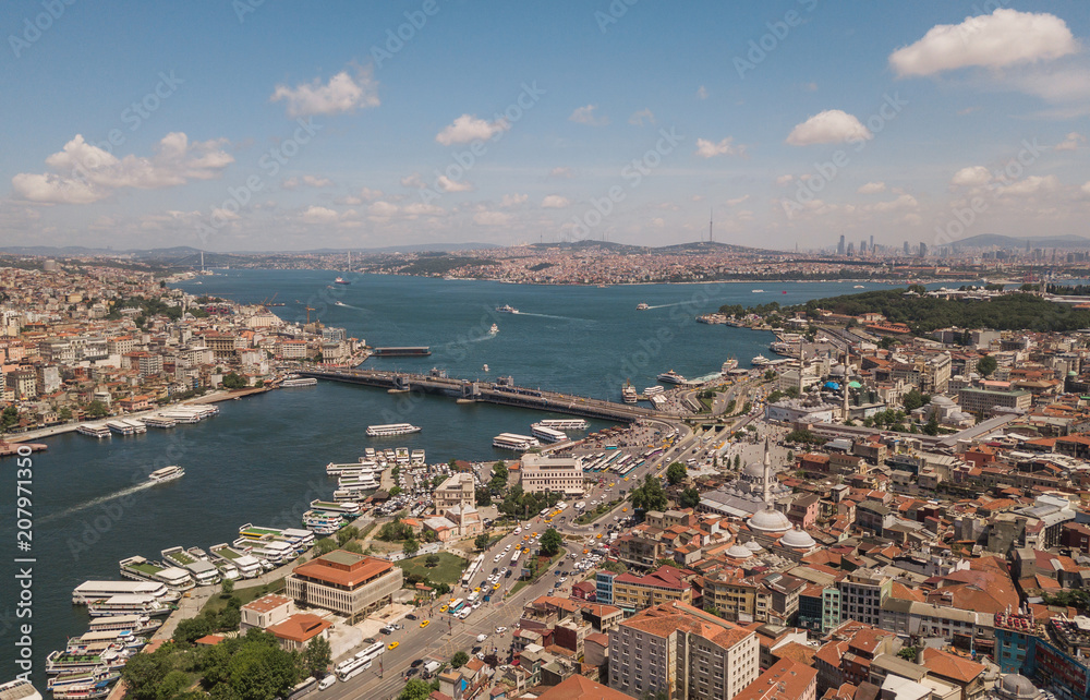 Aerial view of Istanbul. Galata Bridge in the center of composition