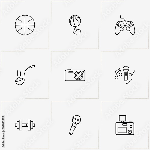 Hobbies line icon set with microphone, dumbbell and soup ladle