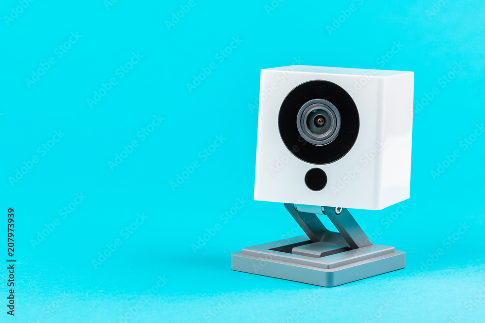 white webcam on blue background, object, Internet, technology concept white webcam on blue background, object, Internet, technology concept