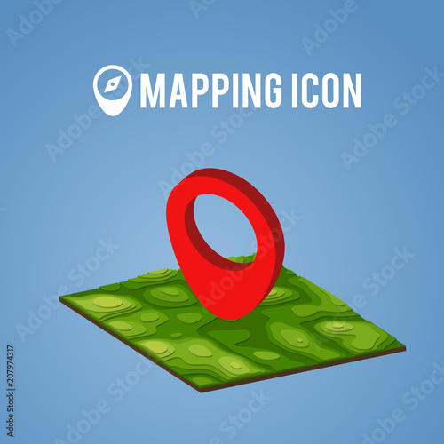 Concept of navigation icon. Isometric landscape with landmark. Concept for tourism, traveling, GPS, navigation, topography. Vector illustration