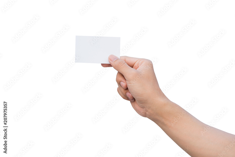 Fototapeta premium Hand holding white paper, Mockup of business cards. isolated on white background with clipping path