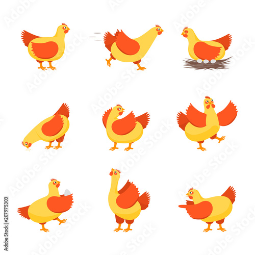 Cartoon Characters Happy Hens Set. Vector