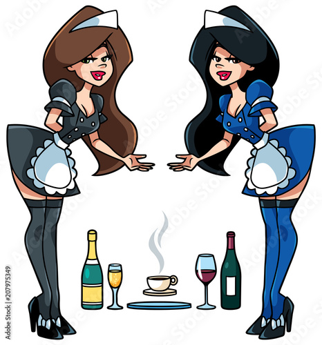 Pretty maid in 2 color versions, serving drinks on a salver or presenting your product. You can put the preferred objects in her hand.