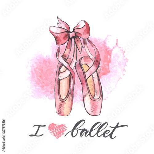 Illustration, hand drawn  pair of well-worn ballet pointes shoes