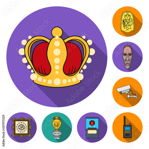 Museum and gallery flat icons in set collection for design. Storage and exhibition of showpiece vector symbol stock web illustration.