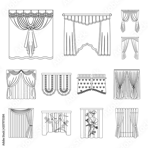 Different kinds of curtains outline icons in set collection for design. Curtains and lambrequins vector symbol stock web illustration.