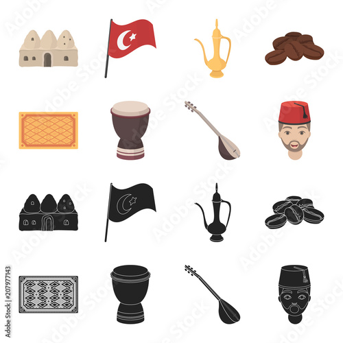 Turkish carpet, saz, drum, turkish men.Turkey set collection icons in black,cartoon style vector symbol stock illustration web.