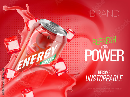 Cranberry cold energy drink in metal can with ice and juice splash advertising banner, soda water branding ready mockup high quality 3d vector realistic illustration