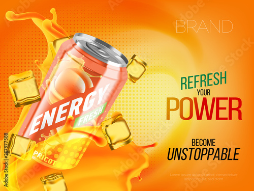 Apricot cold energy drink in metal can with ice and juice splash advertising banner, soda water branding ready mockup high quality 3d vector realistic illustration