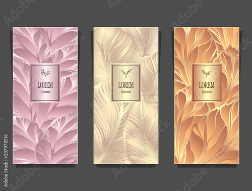 Set Template for package or flyer from Luxury background made by foil leaves in pink beige peachy for cosmetic or perfume or for alcohol label or for advertising jewelry or for brand book