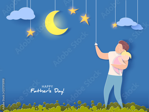 Handsome man and his daughter dreaming at the night. Happy fathers day card. Paper cut style. Vector illustration