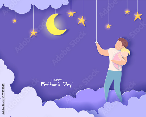 Handsome man and his daughter dreaming at the night. Happy fathers day card. Paper cut style. Vector illustration
