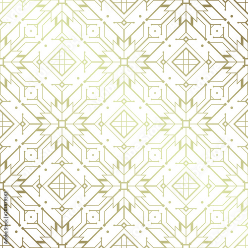 Vector modern geometric seamless pattern based on motif ancient northern embroidery; White and metallic.