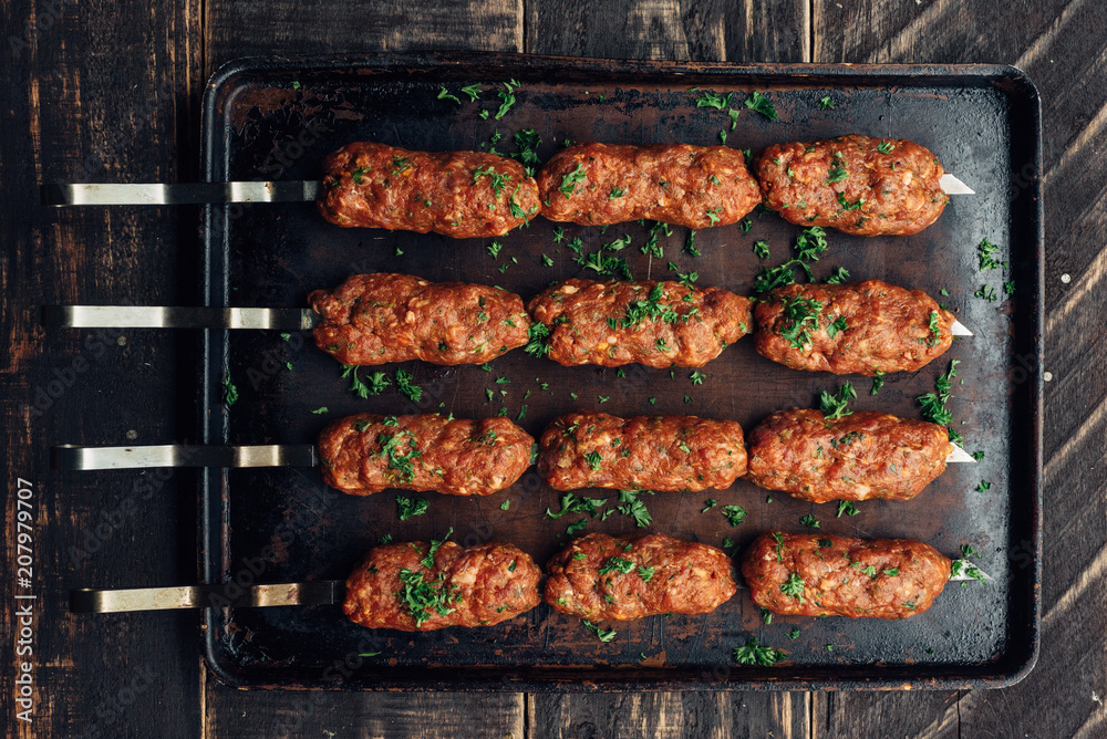 Beef kebabs from overhead Beef kebabs from overhead