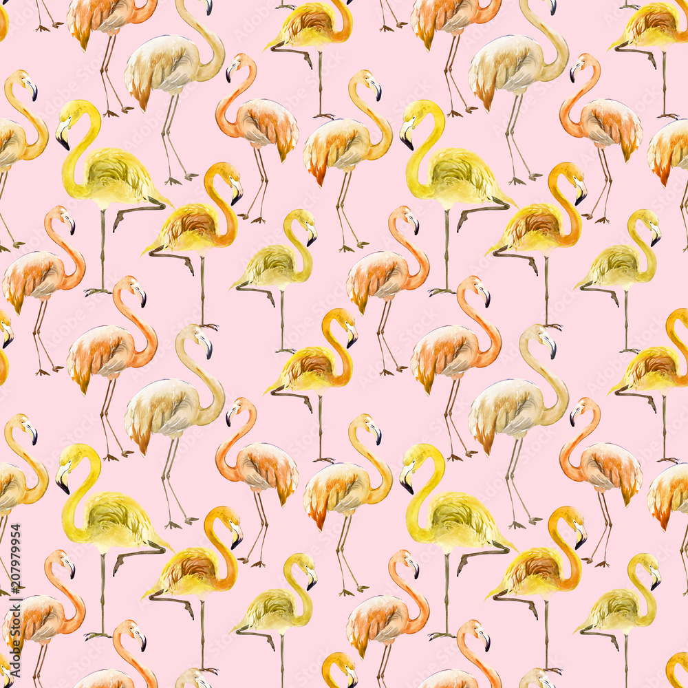 Beautiful yellow and orange flamingo on pink background. Exotic seamless pattern. Watercolor painting. Hand drawn and painted illustration