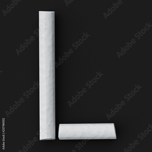 White blackboard chalks assembled capital letter L on rough blackboard, 3D rendered font image