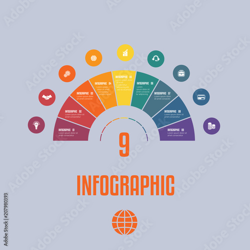  Infographic Template from colourful Parts Semicircle with text areas on nine positions photo