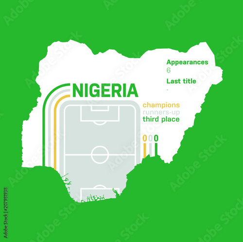 Nigeria at soccer cups as of 2018 – customizable infographics with the number of medals, appearances and the year of the last title