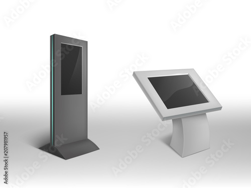 Vector 3d realistic digital informational kiosks. Interactive digital signage, stand with blank screen, electronic touchscreen. Mock up, template to showcasing info or advertising projects