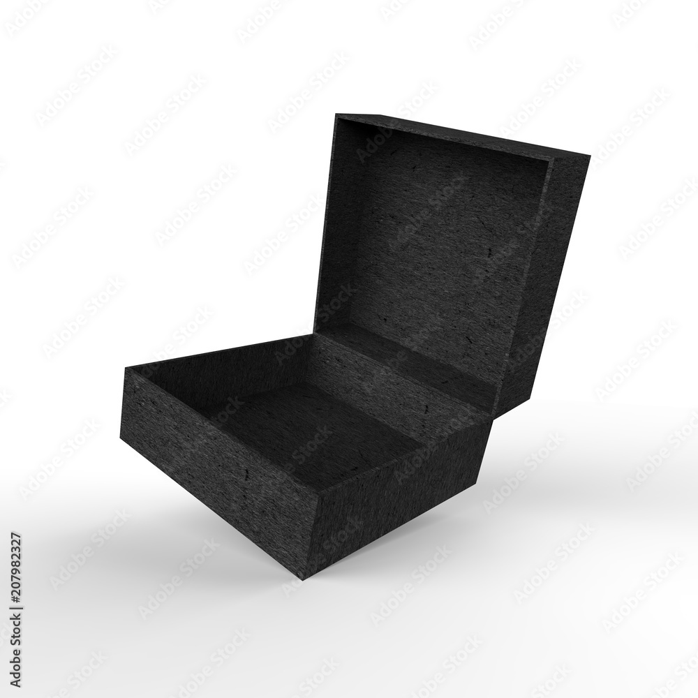 Open carton cardboard paper box black color isolated on white background. 3d illustration Open carton cardboard paper box black color isolated on white background. 3d illustration