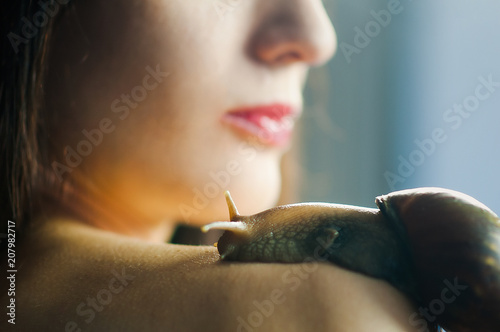 A Big Snail Akhatin Crawls on Female Shoulder. Cosmetological Procedure. Spa Concept