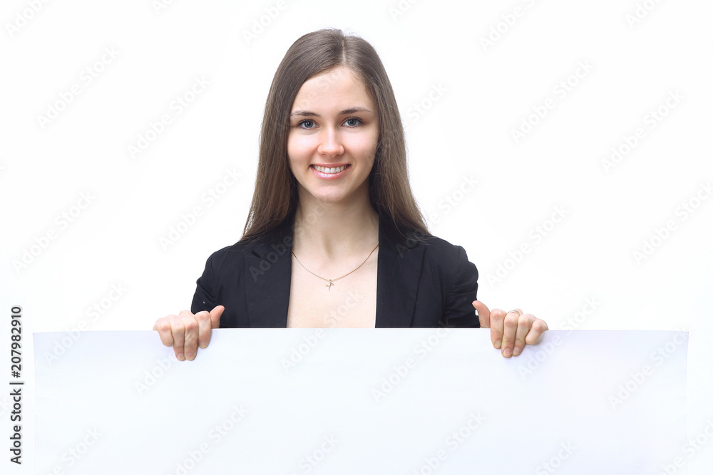 Executive's young business woman showing blank banner. Executive's young business woman showing blank banner.