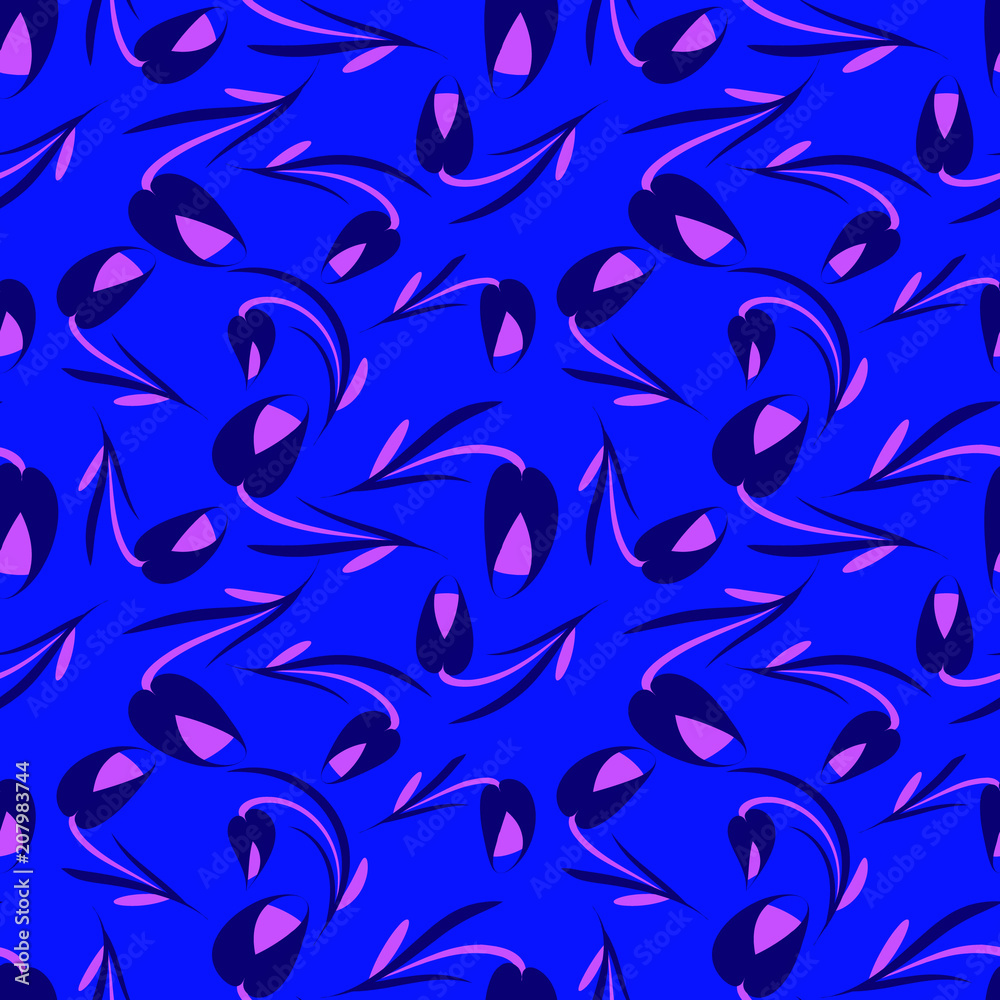 Vector of cloudy flowers and purple tulips on a blue background.
