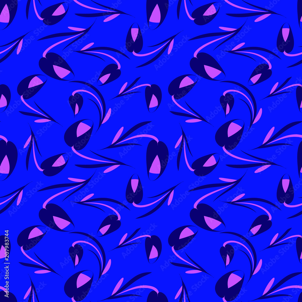 Vector of cloudy flowers and purple tulips on a blue background. Vector of cloudy flowers and purple tulips on a blue background.
