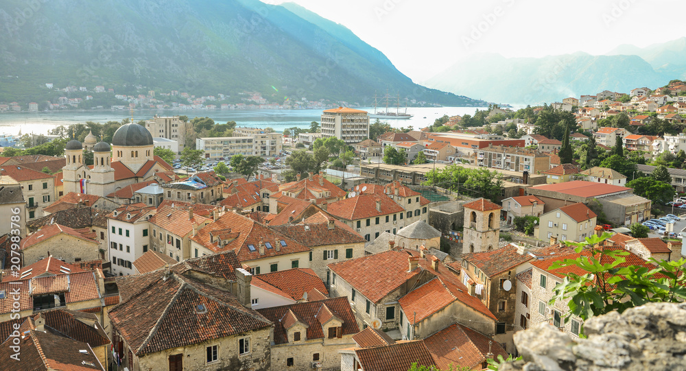 Mediterranean city red roofs top view. Old town Kotor