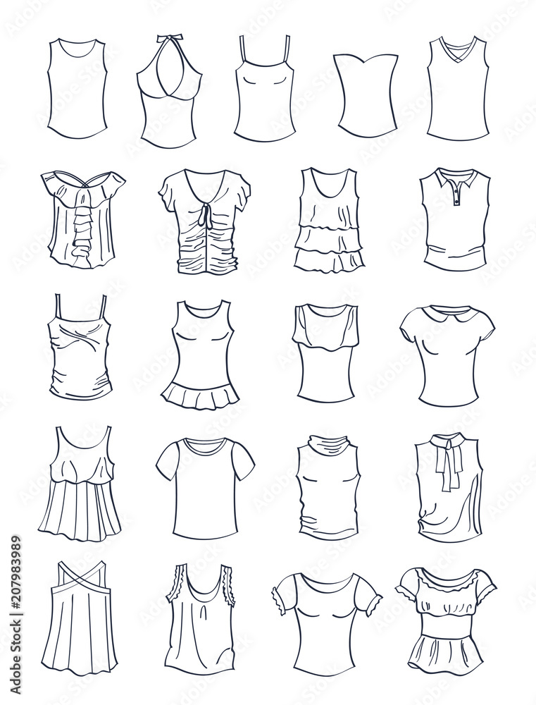 Contours of t-shirts and tank tops for girls, summer clothing, isolated on  white background Stock Vector | Adobe Stock