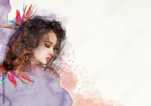 Watercolor abstract portrait of girl. Bacground