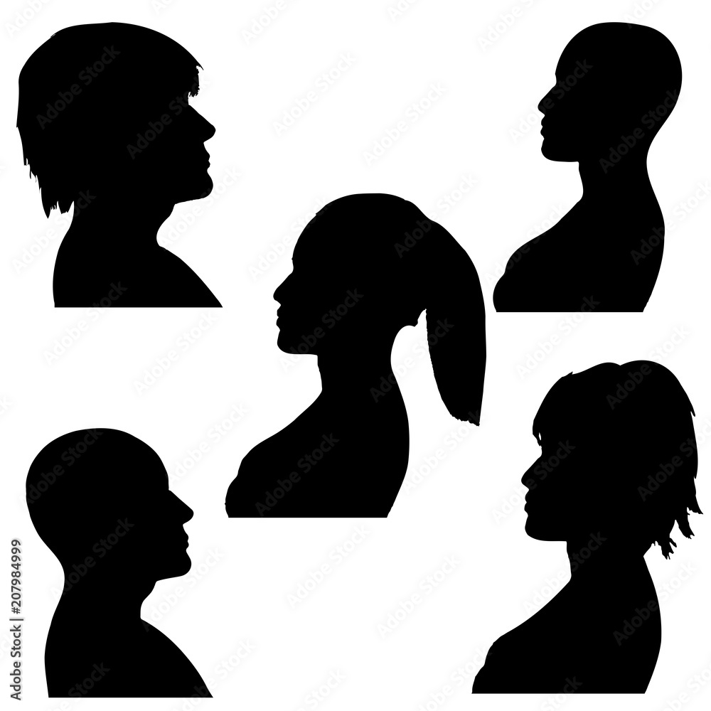 Vector illustration of man and woman faces silhouette. Black and white.