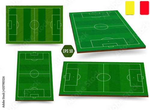 Soccer, European football field in top view different angles point of perspective view. Isolated vector illustration. Soccer set of green field for game