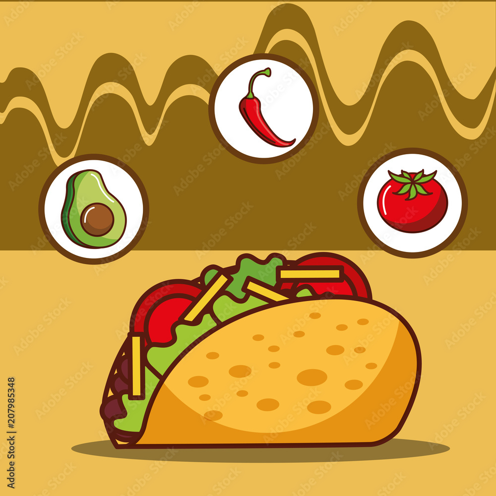 delicious taco avocado tomato and chili pepper vector illustration delicious taco avocado tomato and chili pepper vector illustration
