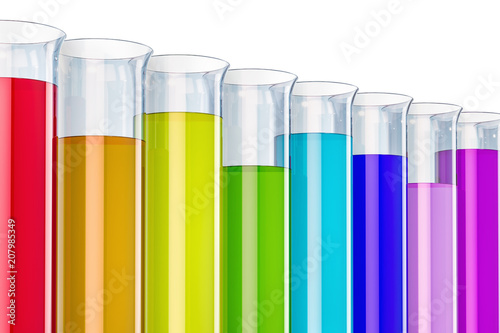 Row from chemical flasks with colored liquid, 3D rendering
