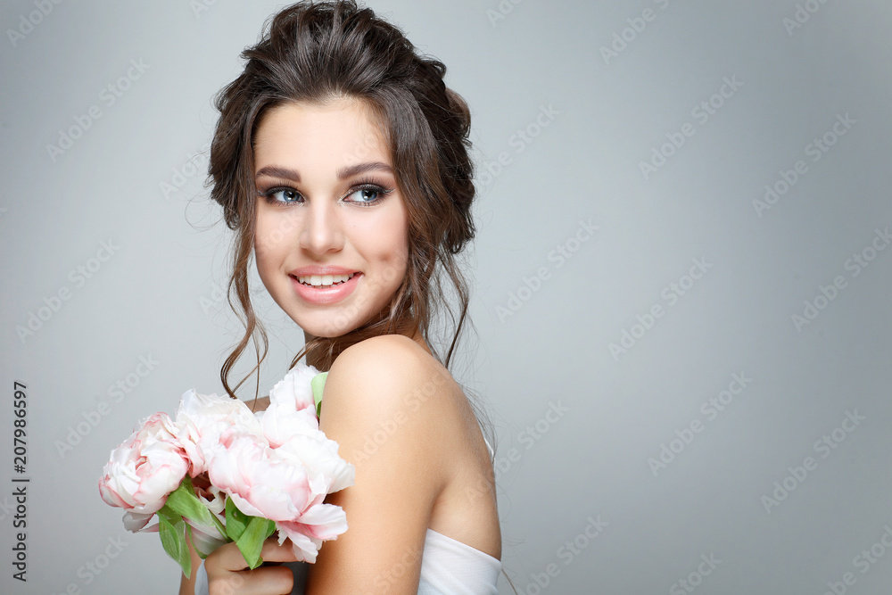 Closeup portrait of sexy whiteheaded young woman with beautiful blue eyes isolated on a light - grey background, emotions, cosmetics